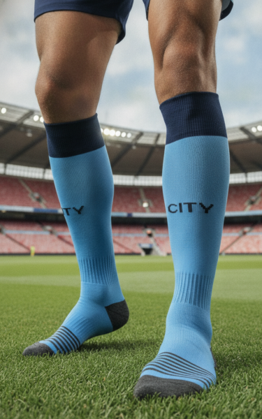 Гетры детские с символикой футбольного клуба MANCHESTER CITY HOME 2026, размер 27-35, цвет - голубой-черный