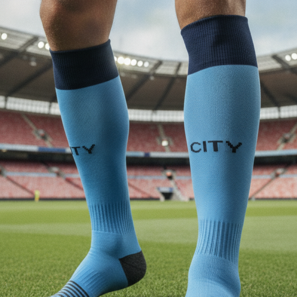 Гетры детские с символикой футбольного клуба MANCHESTER CITY HOME 2026, размер 27-35, цвет - голубой-черный